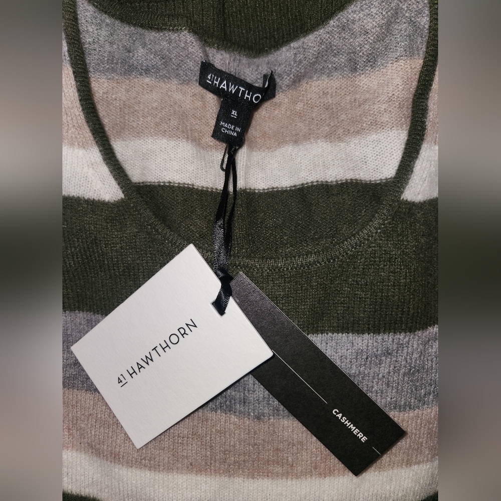 Nwt 41 Hawthorn Women Green Grey Tan Striped SOFT No Itch 100% Cashmere Sweater - Picture 5 of 8